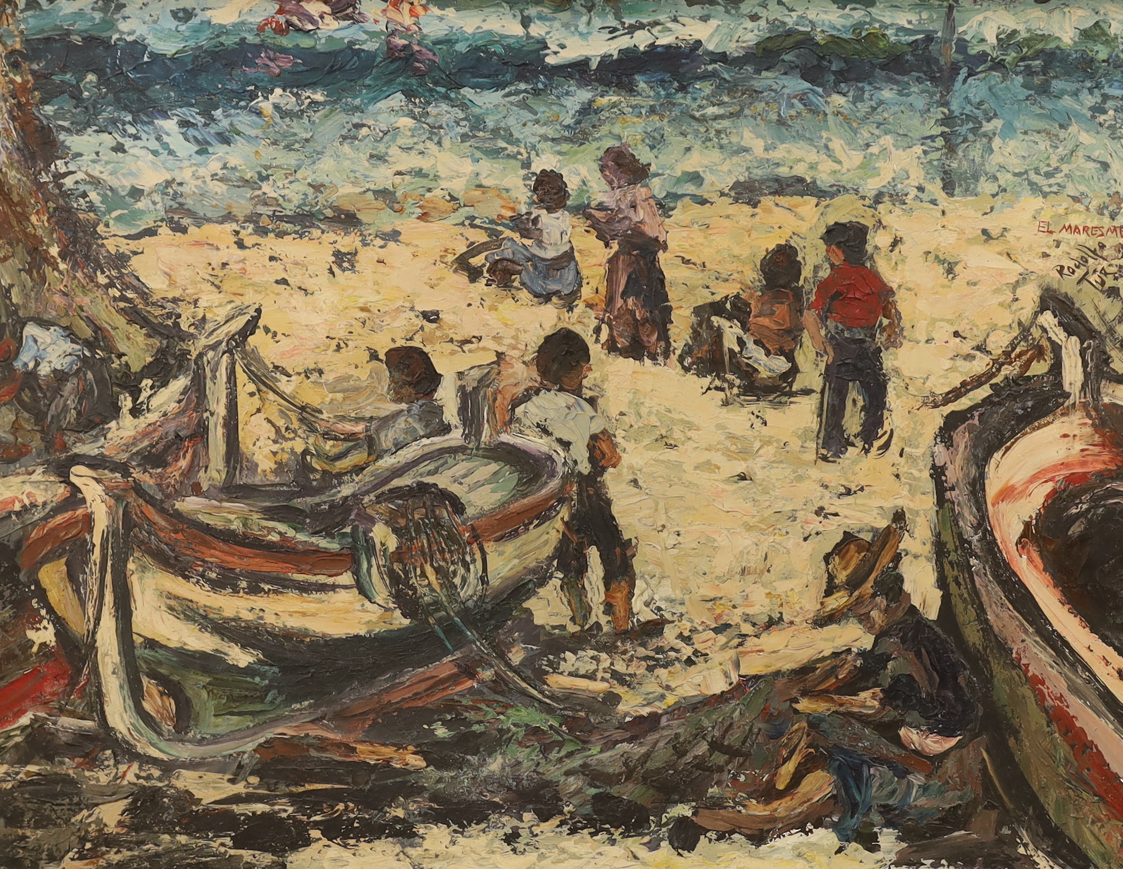 Rudolfo Tur, impasto oil on board, Moored fishing boats and figures, signed and inscribed El Maresme, 48 x 63cm